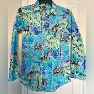 J McLaughlin Button Down LS Shirt, 100% Cotton, colorful Zebra and Florals.  EUC